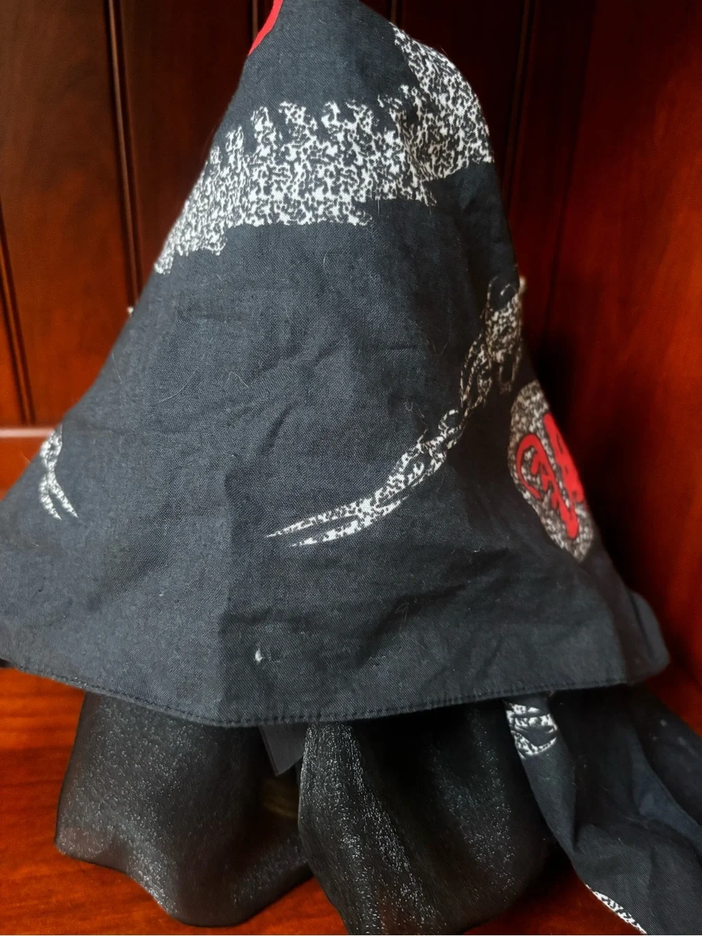 Black Bandana Scarf with Red Chinese Character and Silver Sparkle Design